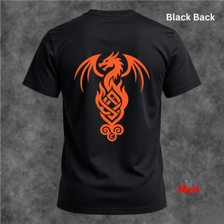 Black short-sleeve t-shirt shown from the back, featuring a large orange Celtic dragon graphic printed on the center back. The text 'Black Back' is visible in the top right corner, and a small red 'Myto' brand logo is in the bottom right corner, set against a textured gray background.