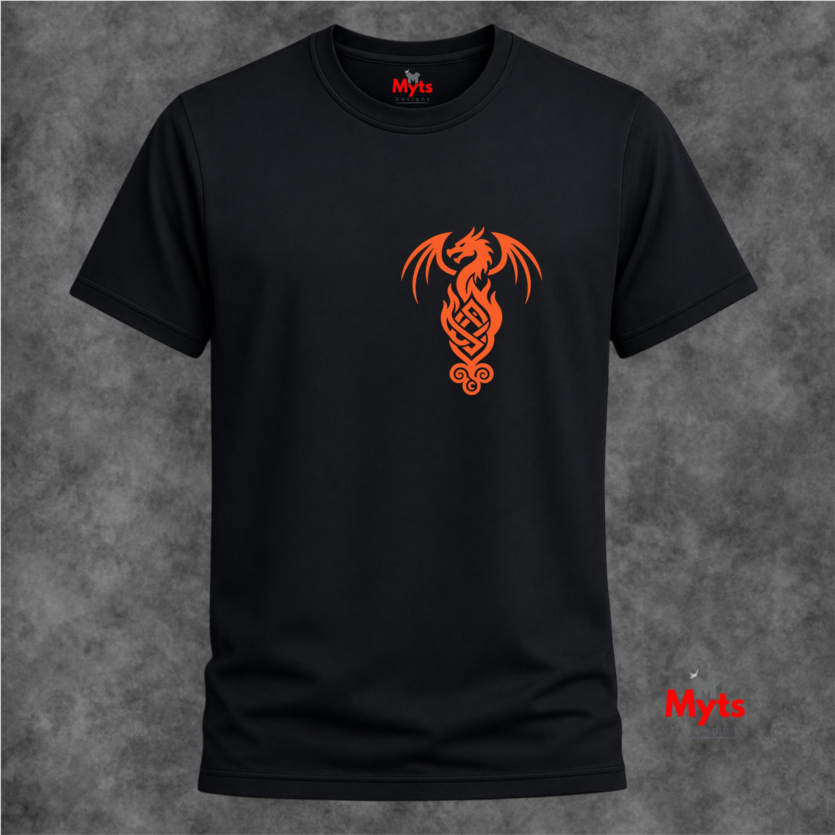 A black short-sleeve crewneck t-shirt featuring a stylized orange Celtic dragon graphic printed on the center chest, displayed against a textured gray background.