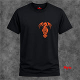 A black short-sleeve crewneck t-shirt featuring a stylized orange Celtic dragon graphic printed on the center chest, displayed against a textured gray background.