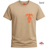 A sand-colored crewneck t-shirt with an orange Celtic-style dragon graphic on the left chest. The brand name 'Myts' is visible on the inner neck label and as a logo watermark in the bottom right corner.
