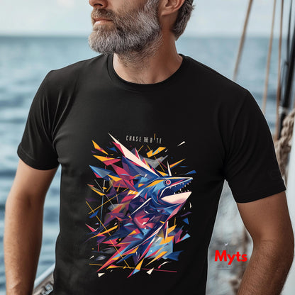 Man wearing a black t-shirt with a colorful shark design on a boat with ocean background
