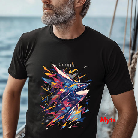 Man wearing a black t-shirt with a colorful shark design on a boat with ocean background