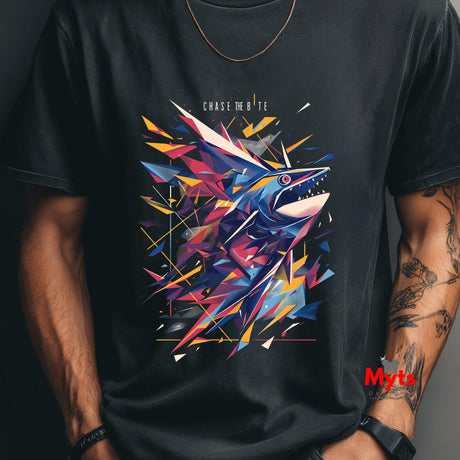 Black t-shirt with a colorful shark graphic design on a person wearing it.