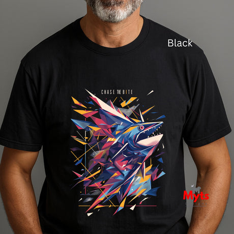 Black t-shirt with a colorful shark graphic design on a gray background