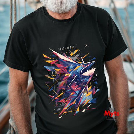 Person wearing a black t-shirt with a colorful shark design on a boat.