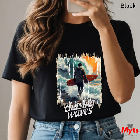 Person wearing a black t-shirt with a graphic design and 'Myts' branding.