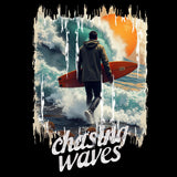 Person holding a surfboard with 'chasing waves' text and ocean waves in the background