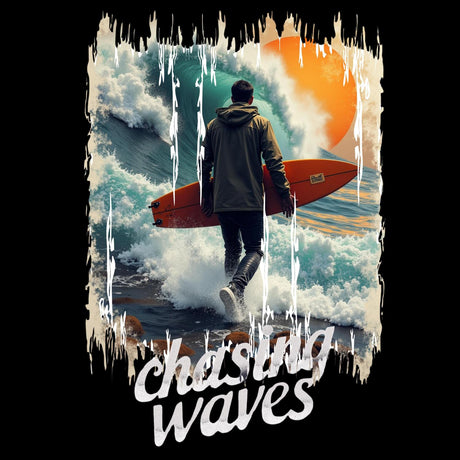 Person holding a surfboard with 'chasing waves' text and ocean waves in the background