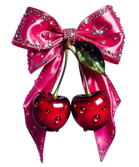 Detailed image with red cherries and a pink bow on a white background