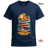 Navy blue t-shirt with a colorful graphic and 'Choose Your Weapon' text on a white background