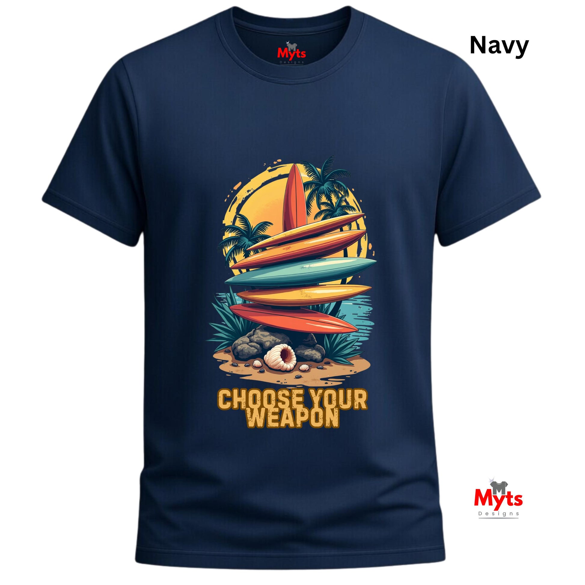 Navy blue t-shirt with a colorful graphic and 'Choose Your Weapon' text on a white background