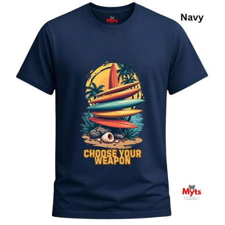 Navy blue t-shirt with a colorful graphic and 'Choose Your Weapon' text on a white background