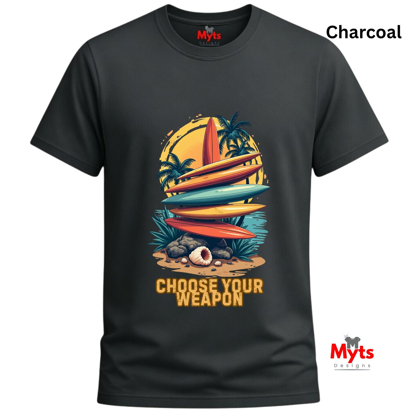 Charcoal t-shirt with colorful graphic design and 'Myts' branding on a white background