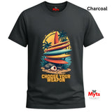 Charcoal t-shirt with colorful graphic design and 'Myts' branding on a white background