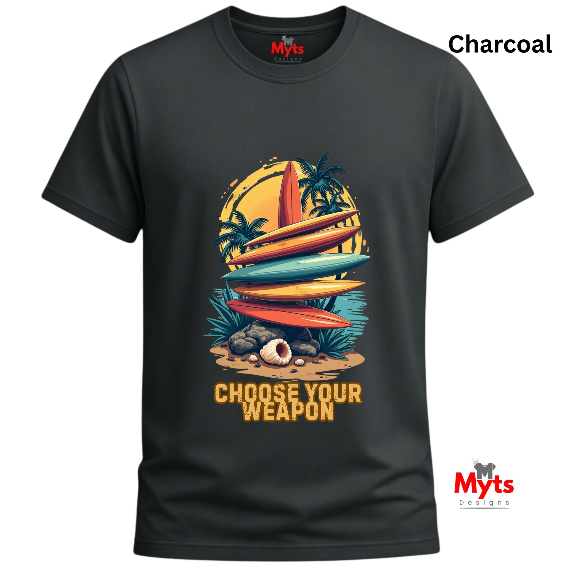 Charcoal t-shirt with colorful graphic design and 'Myts' branding on a white background