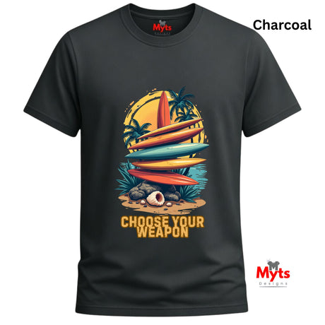 Charcoal t-shirt with colorful graphic design and 'Myts' branding on a white background