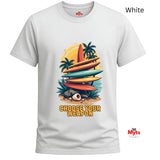 White t-shirt with colorful surfboard design and 'Choose Your Weapon' text on a white background