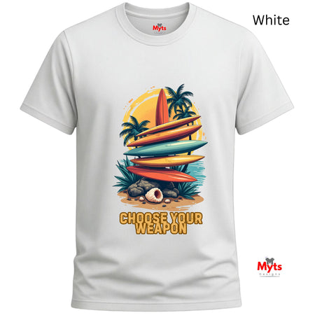 White t-shirt with colorful surfboard design and 'Choose Your Weapon' text on a white background