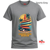 Gray t-shirt with a colorful graphic of surfboards and palm trees, featuring the text 'Choose Your Weapon' on a white background.