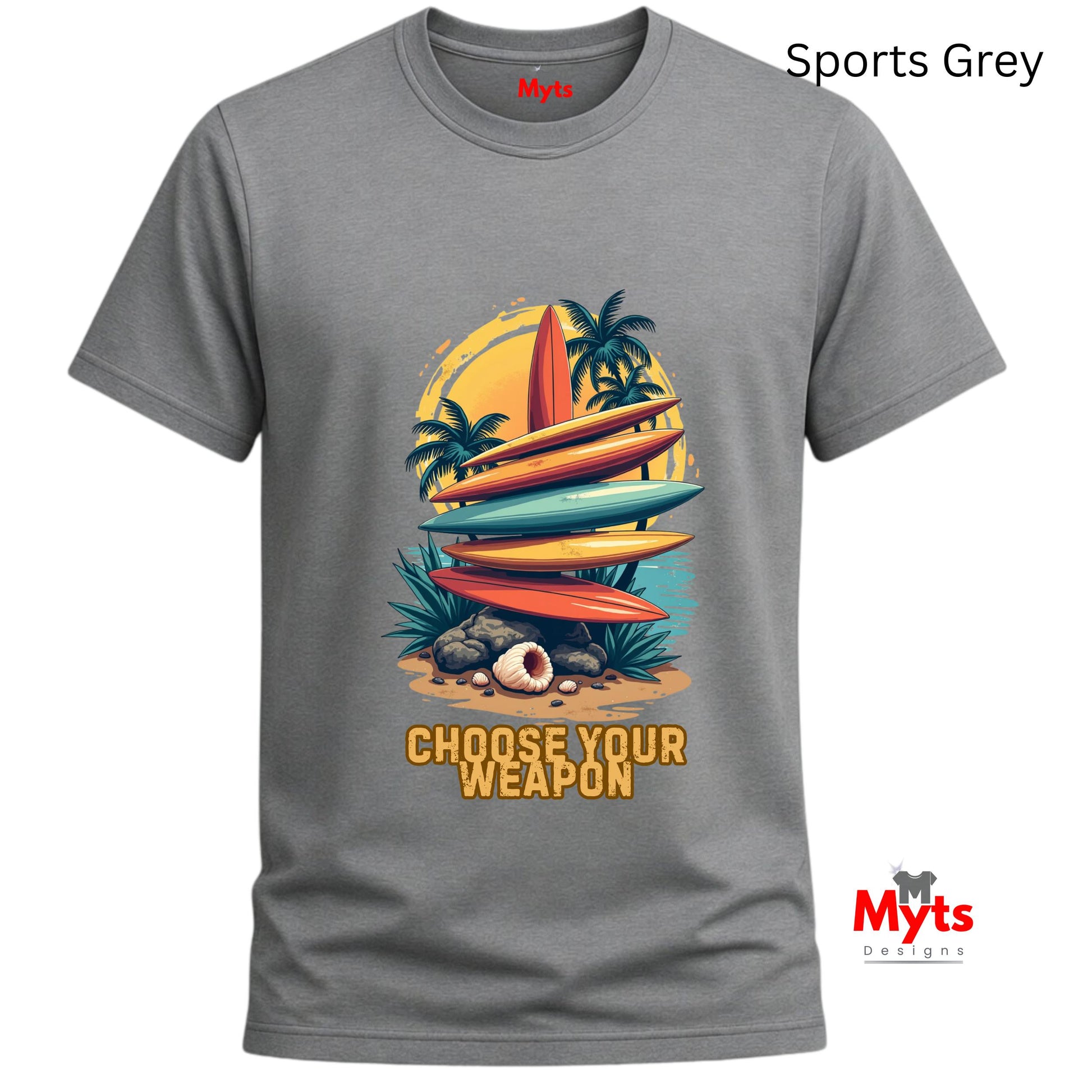Gray t-shirt with a colorful graphic of surfboards and palm trees, featuring the text 'Choose Your Weapon' on a white background.