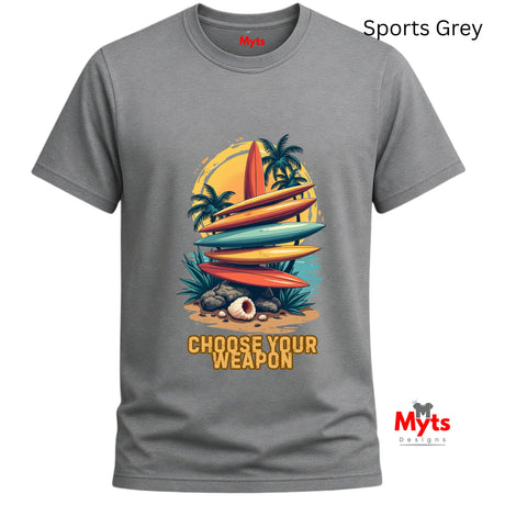 Gray t-shirt with a colorful graphic of surfboards and palm trees, featuring the text 'Choose Your Weapon' on a white background.