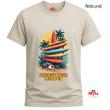 Natural t-shirt with a graphic of colorful kayaks and palm trees, featuring the text 'Choose Your Weapon' on a white background.