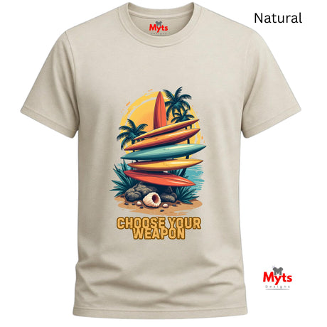 Natural t-shirt with a graphic of colorful kayaks and palm trees, featuring the text 'Choose Your Weapon' on a white background.