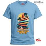 Light blue t-shirt with a graphic design of surfboards and palm trees, featuring the text 'Choose Your Weapon'.