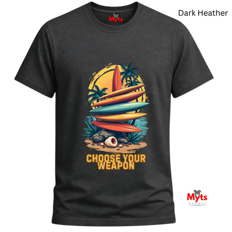 Dark Heather t-shirt with a colorful graphic of surfboards and palm trees, featuring the text 'Choose Your Weapon' on a white background.