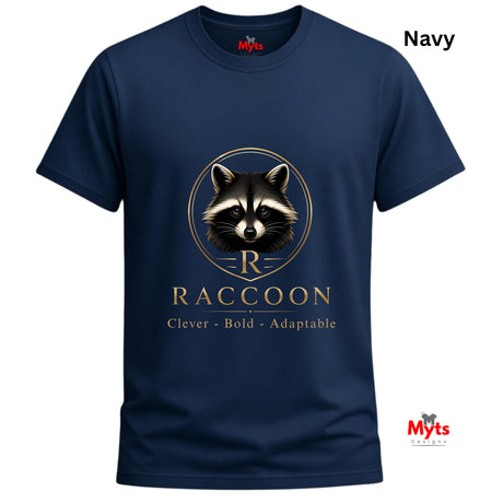 A navy blue short-sleeve t-shirt with a graphic of a raccoon inside a gold circular frame, with the text 'RACCOON' and 'Clever - Bold - Adaptable' printed below. The brand name 'Myts' is visible on the inner neck label and as a watermark in the bottom right corner.