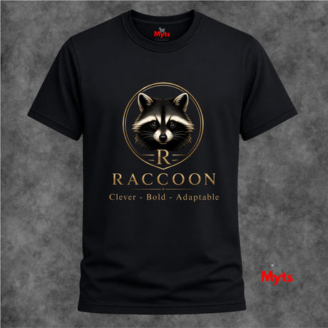 A black short-sleeve crewneck t-shirt featuring a gold and white raccoon graphic with the word 'RACCOON' and the phrase 'Clever - Bold - Adaptable' printed on the front, displayed against a textured gray background.