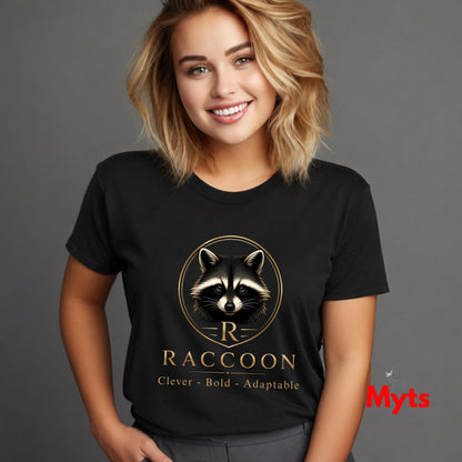 A woman wearing a black graphic t-shirt with a gold raccoon logo and the text 'RACCOON Clever - Bold - Adaptable' on a gray background.
