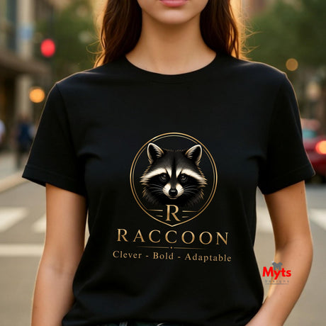 A woman wearing a black short-sleeve t-shirt with a gold and white raccoon graphic and the text 'RACCOON' and 'Clever - Bold - Adaptable' on the front, set against a blurred city street background.