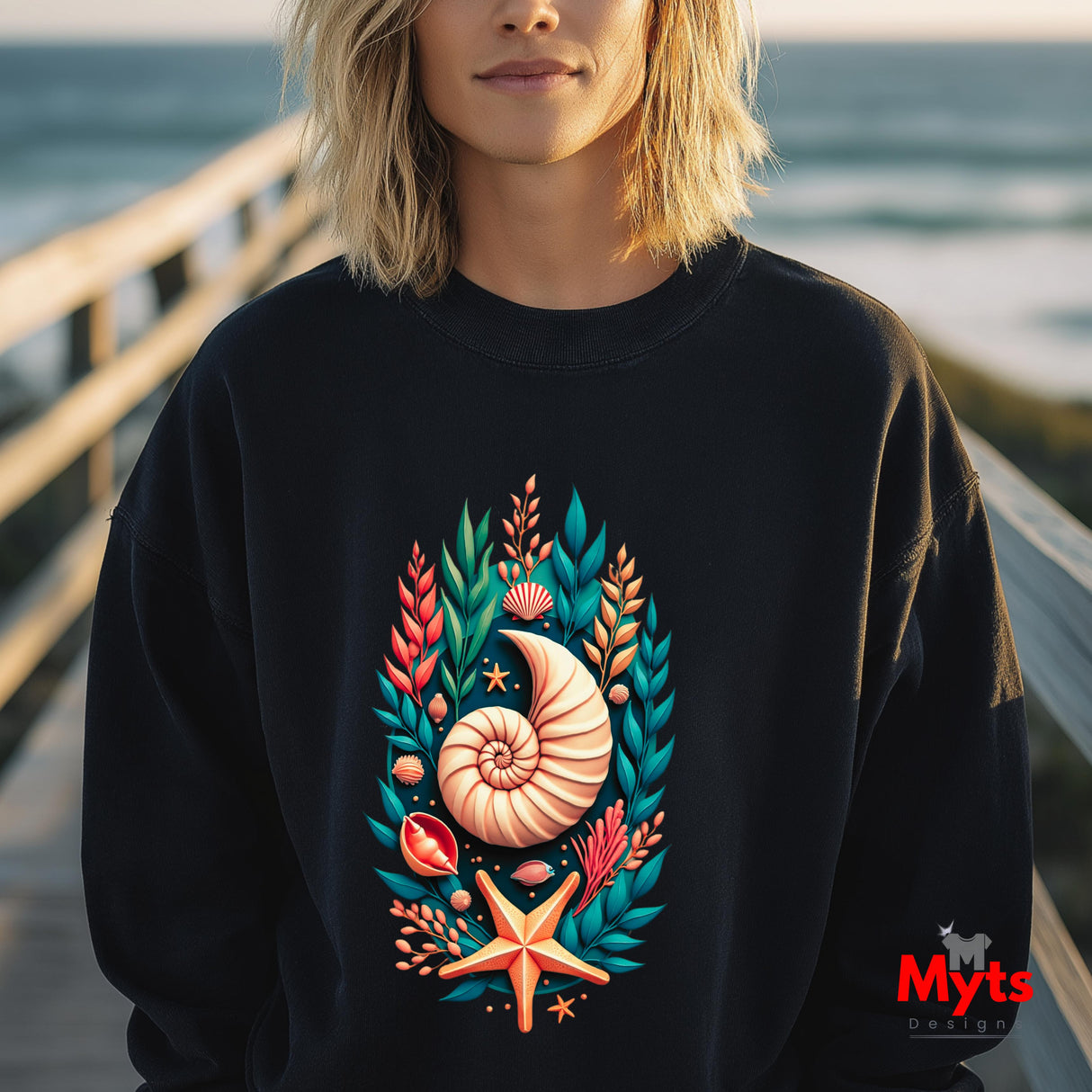 A person wearing a black crewneck sweatshirt with a colorful graphic print of a nautilus shell, starfish, and seashells on a wooden boardwalk with the ocean in the background. A 'Myts Design' logo is visible in the bottom right corner.
