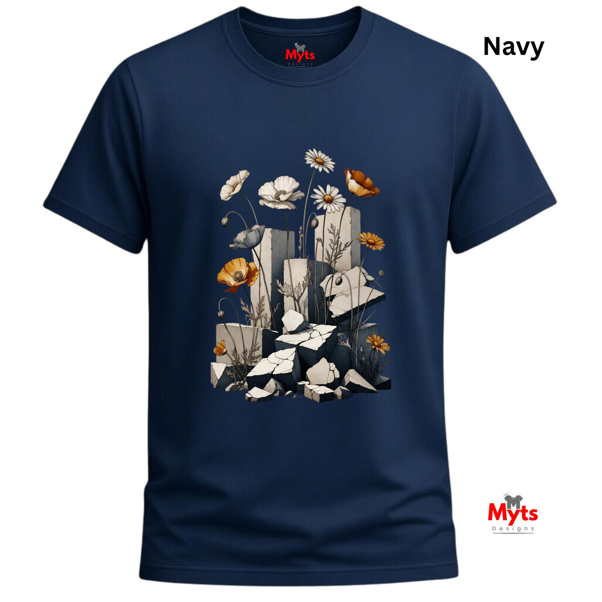 A navy blue short-sleeve t-shirt with a central graphic print of white daisies, orange poppies, and gray stone blocks. The brand name 'Myts' is visible on the inner neck label and as a watermark logo in the bottom right corner.