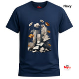 A navy blue short-sleeve t-shirt with a central graphic print of white daisies, orange poppies, and gray stone blocks. The brand name 'Myts' is visible on the inner neck label and as a watermark logo in the bottom right corner.
