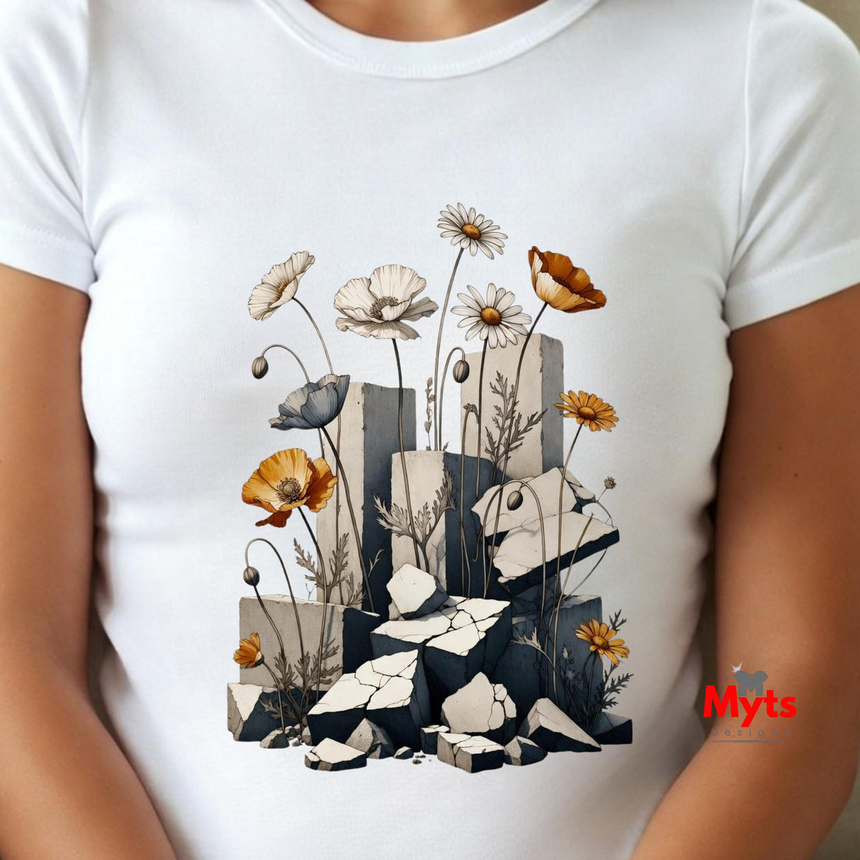 A white short-sleeve crewneck t-shirt featuring a detailed graphic print of wildflowers blooming from broken gray stone blocks. The shirt is shown on a model, with the brand name 'Myts' printed in red on the lower right side of the graphic.