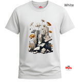 A white short-sleeve crewneck t-shirt with a graphic print of flowers and broken gray stone blocks. The brand name 'Myts' is visible on the inner neck label and as a watermark in the bottom right corner.