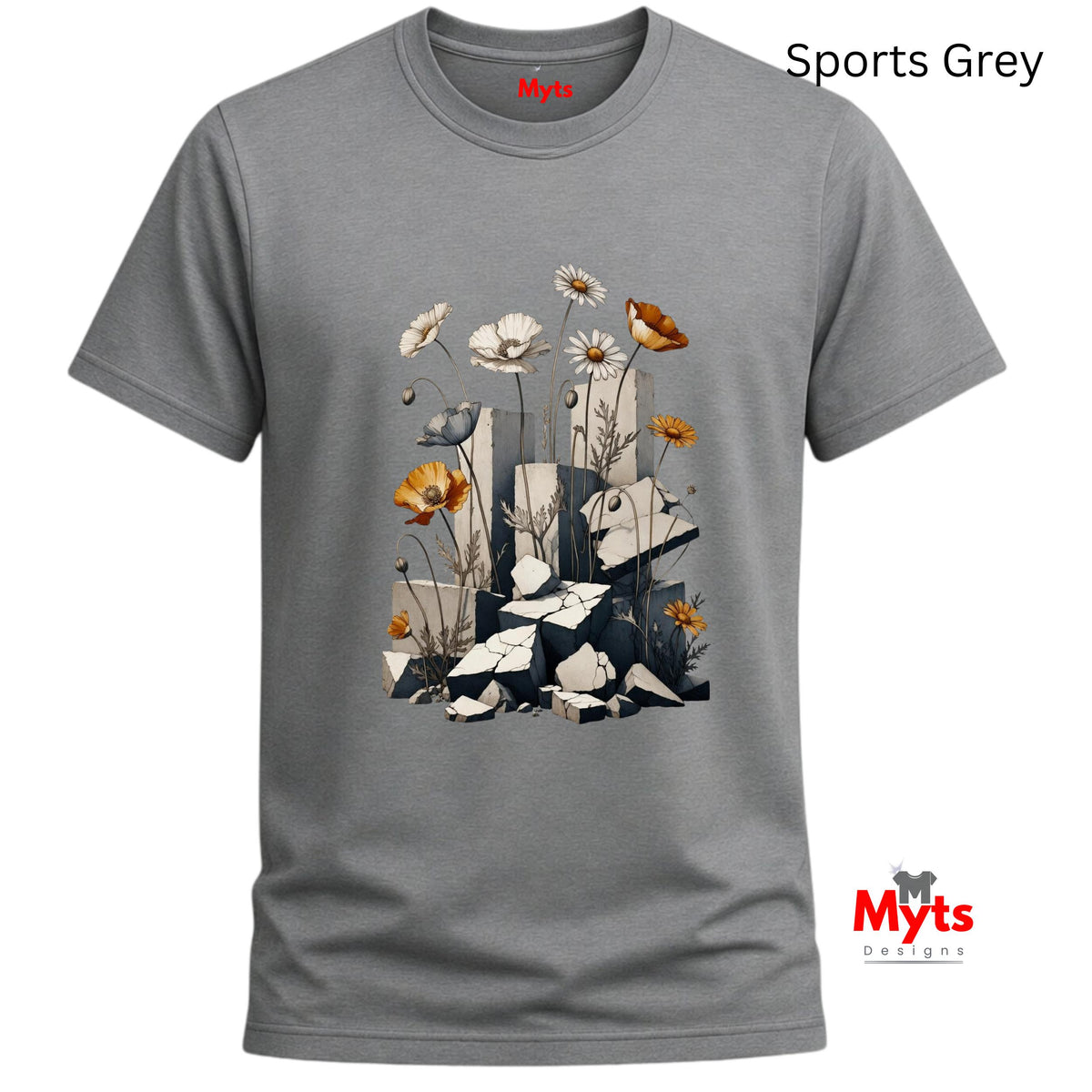 A gray short-sleeve crewneck t-shirt with a central graphic print of white daisies, orange poppies, and butterflies amidst broken white stone blocks. The text 'Sports Grey' is written in the top right, and the 'Myts Designs' brand logo is visible in the bottom right corner.