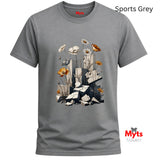 A gray short-sleeve crewneck t-shirt with a central graphic print of white daisies, orange poppies, and butterflies amidst broken white stone blocks. The text 'Sports Grey' is written in the top right, and the 'Myts Designs' brand logo is visible in the bottom right corner.