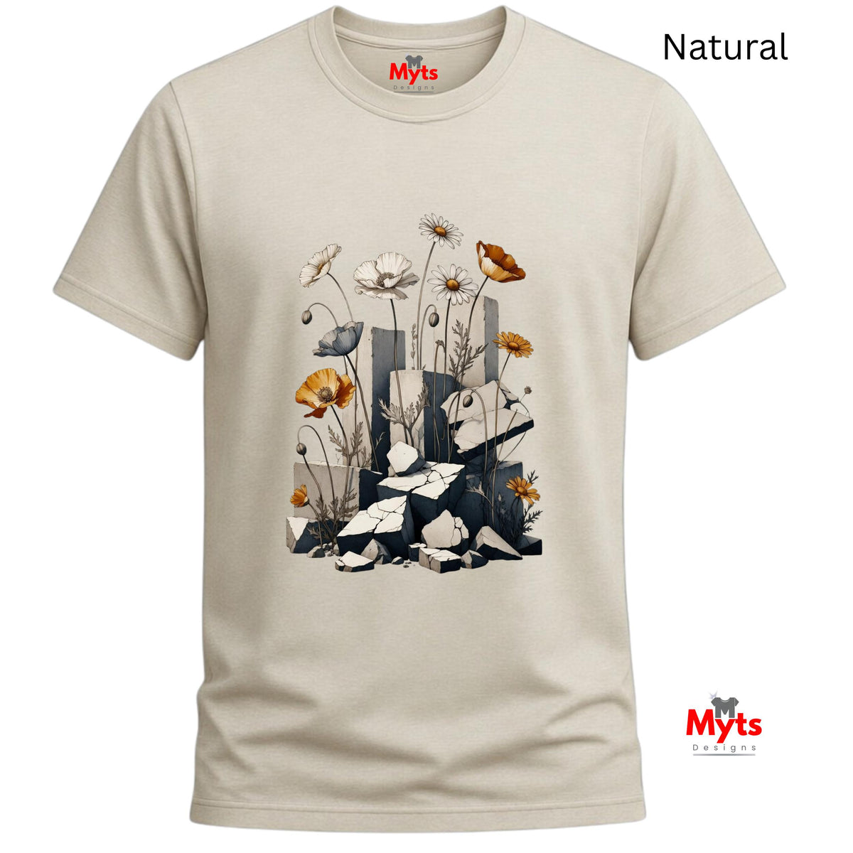 A Natural crewneck t-shirt with a graphic print of flowers, butterflies, and broken gray stone blocks. The word 'Natural' is printed in black in the top right corner, and the red 'Myts' brand logo is visible on the inner neck label and as a watermark in the bottom right corner.