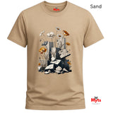 A sand-colored short-sleeve t-shirt with a graphic print of white daisies, orange poppies, and gray stone blocks, featuring the red 'Myts' brand logo on the inner neck label and a 'Sand' color label in the top right corner.