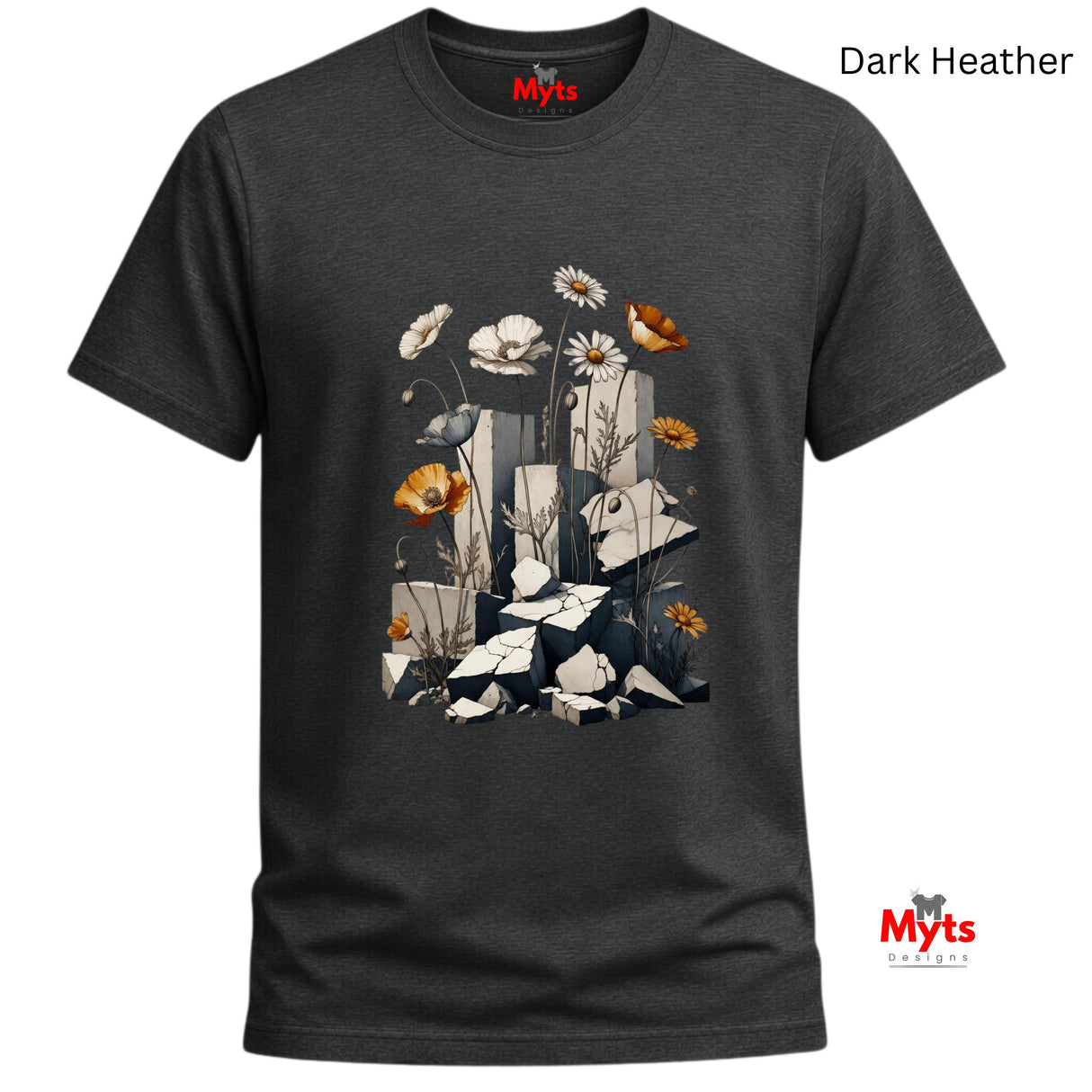 A dark heather gray t-shirt with a graphic print of white daisies, orange poppies, and a blue bird on a background of stacked gray stones. The brand name 'Myts' is printed in red on the inside neck label and in a watermark in the bottom right corner.
