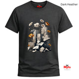 A dark heather gray t-shirt with a graphic print of white daisies, orange poppies, and a blue bird on a background of stacked gray stones. The brand name 'Myts' is printed in red on the inside neck label and in a watermark in the bottom right corner.