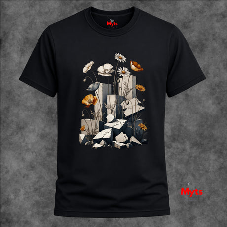 A black short-sleeve t-shirt with a central graphic print of white and orange flowers, poppies, and a butterfly over a collage of gray and white rectangular panels. The shirt is displayed against a textured gray background, with a red 'Myts' brand logo visible inside the collar and as a watermark in the bottom right corner.