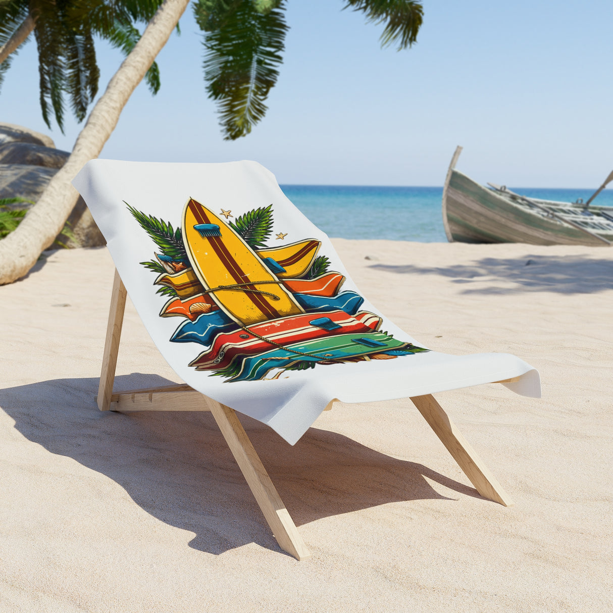 Beach towel with surfboard design on a wooden chair at the beach