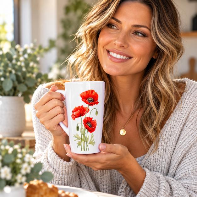 Livestyle shot of a woman holding a white latte coffee mug feauring vibrant red poppies