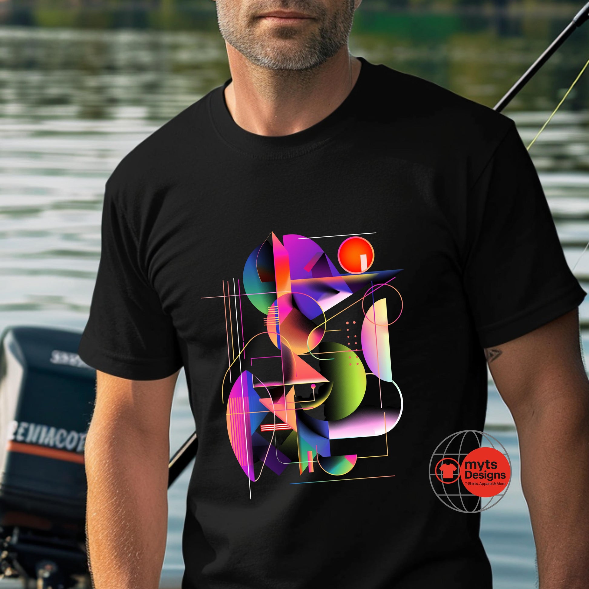 Man wearing a black t-shirt with a colorful geometric design, standing by a body of water.