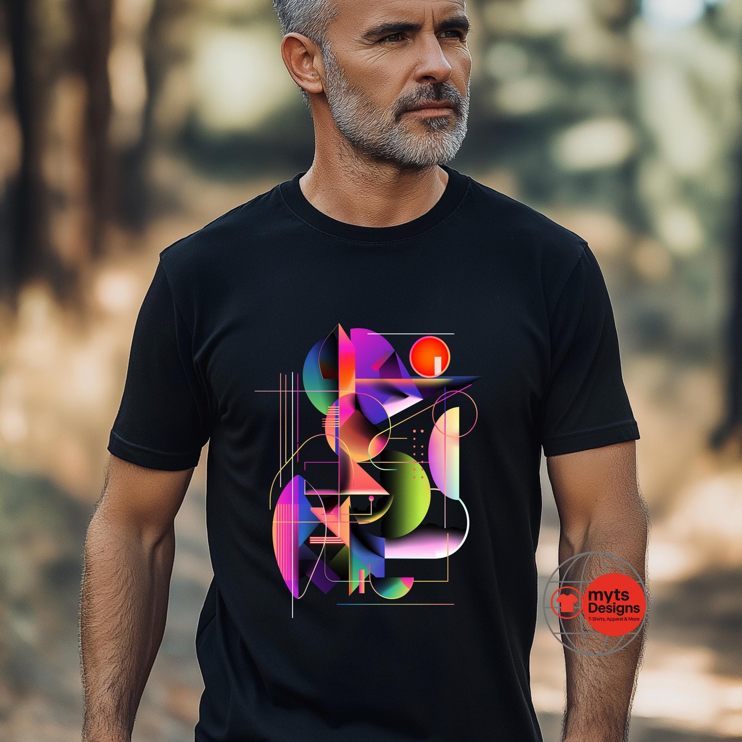 Man wearing a black t-shirt with a colorful geometric design in a forest setting