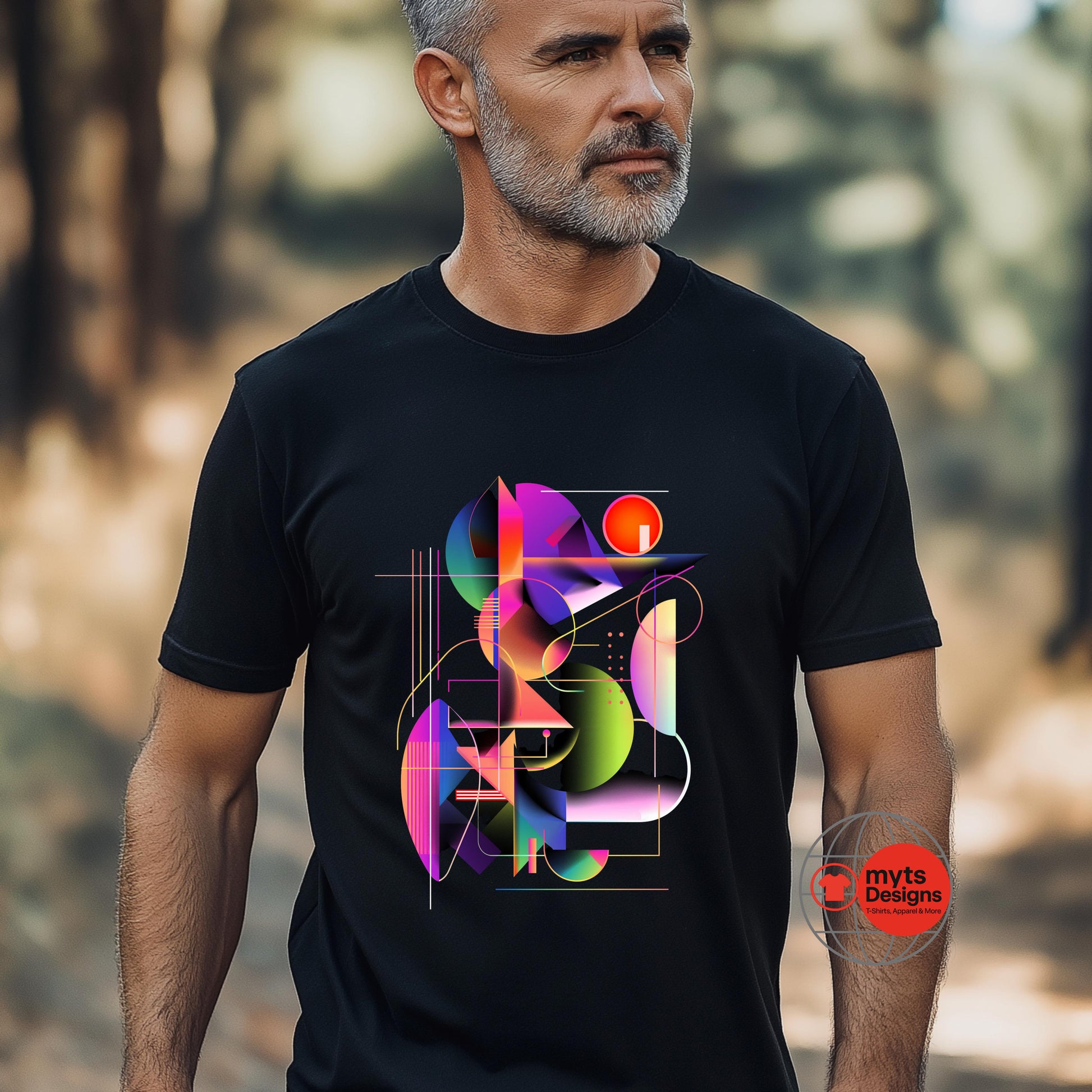 Man wearing a black t-shirt with a colorful geometric design in a forest setting